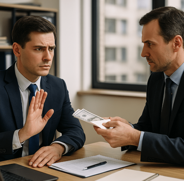 Two men in suits reviewing a document at a table