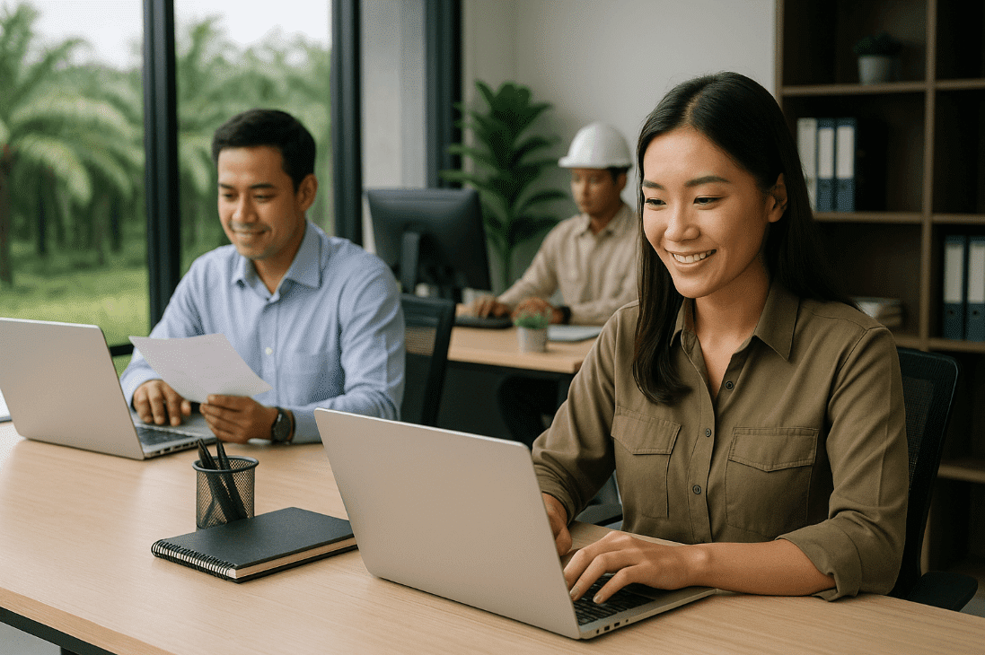 Two office workers using laptops in a palm oil industry setting