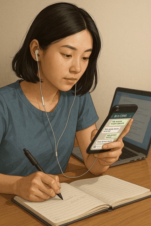 Woman using cell phone at table