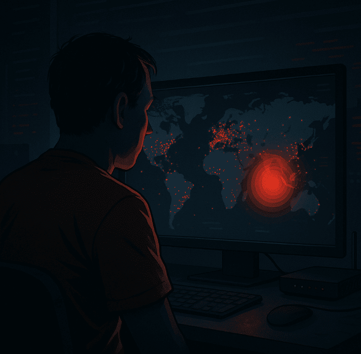 A man analyzing botnet attack data on a computer screen