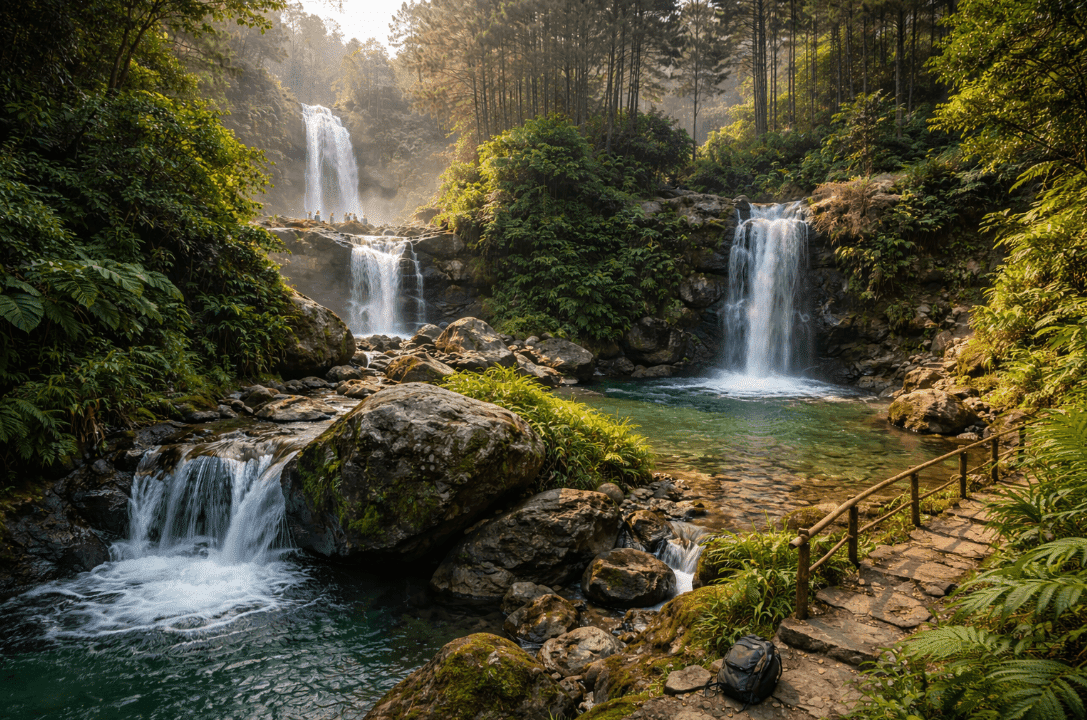 A waterfall cascading through lush forest in Gunung Pancar