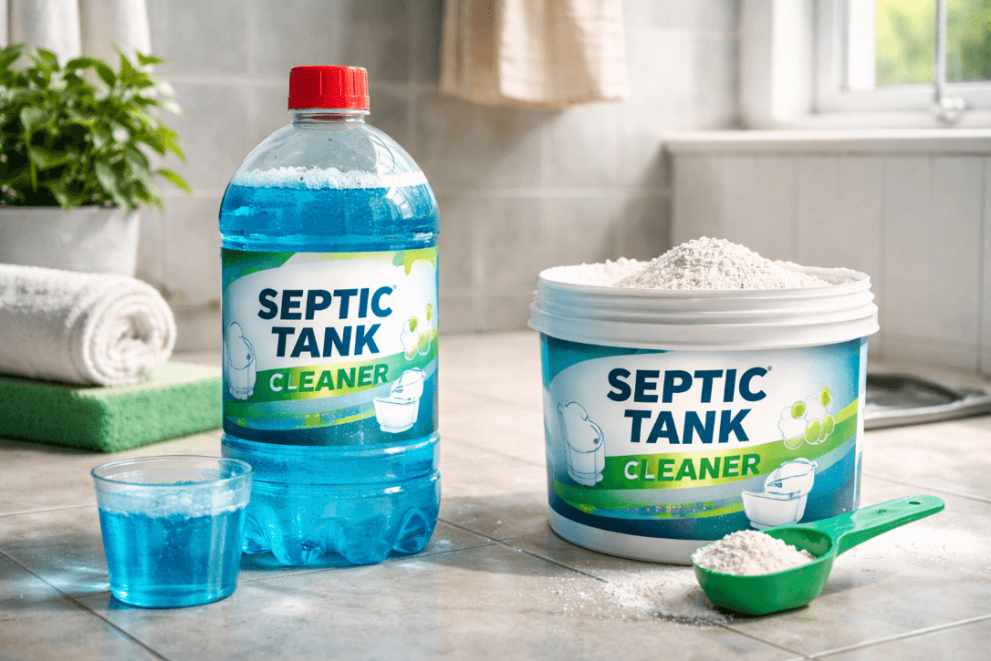 Bottle of septic tank cleaner beside a water cup