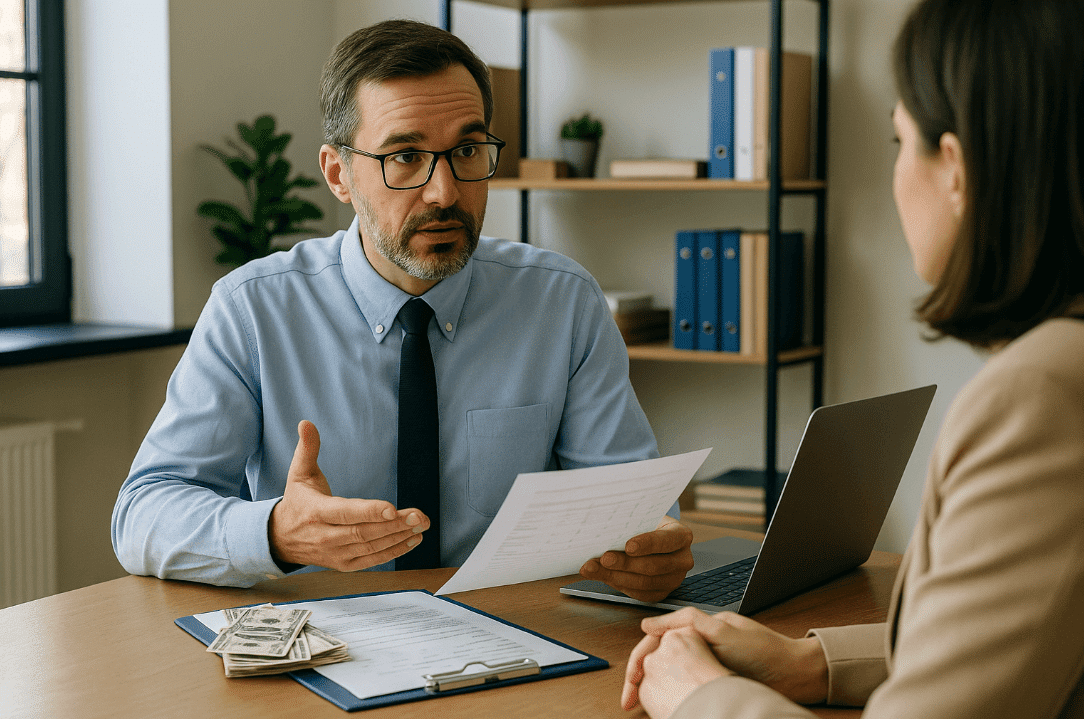 Man and woman discussing salary raise at a table with papers