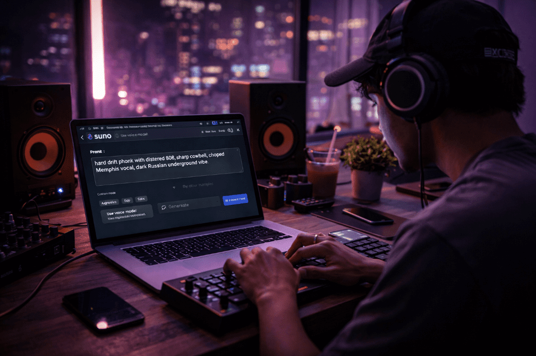 Man composing music on a laptop for a phonk funk blog