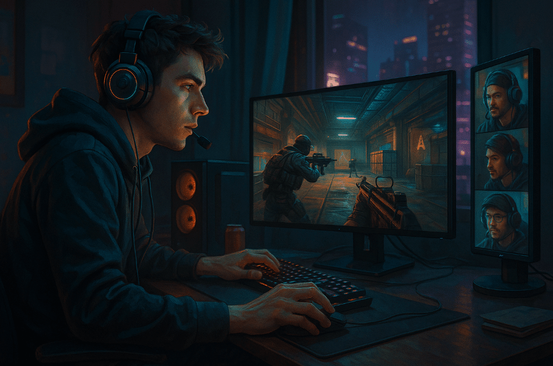 Man playing computer games with headphones
