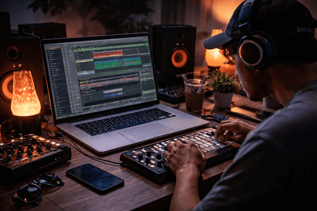 Man using laptop for music beat creation