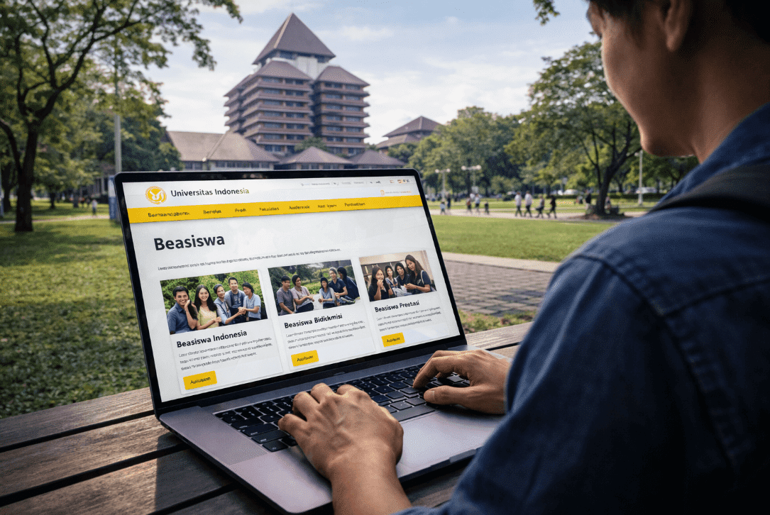 Man using laptop on bench researching scholarships