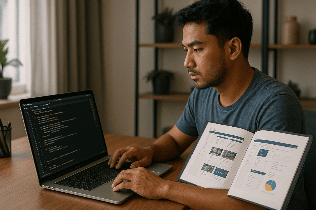 Man using laptop to learn Python and Django