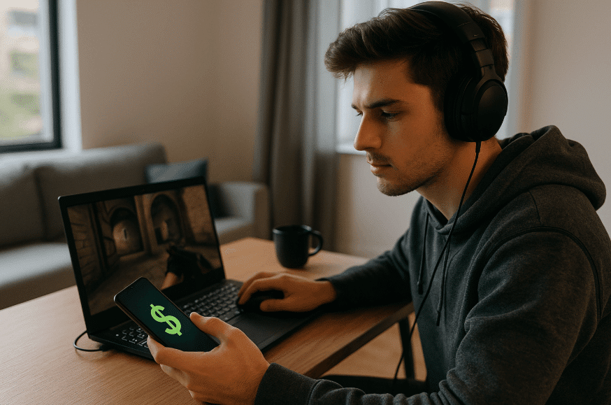 Man with headphones using laptop to explore online earning games