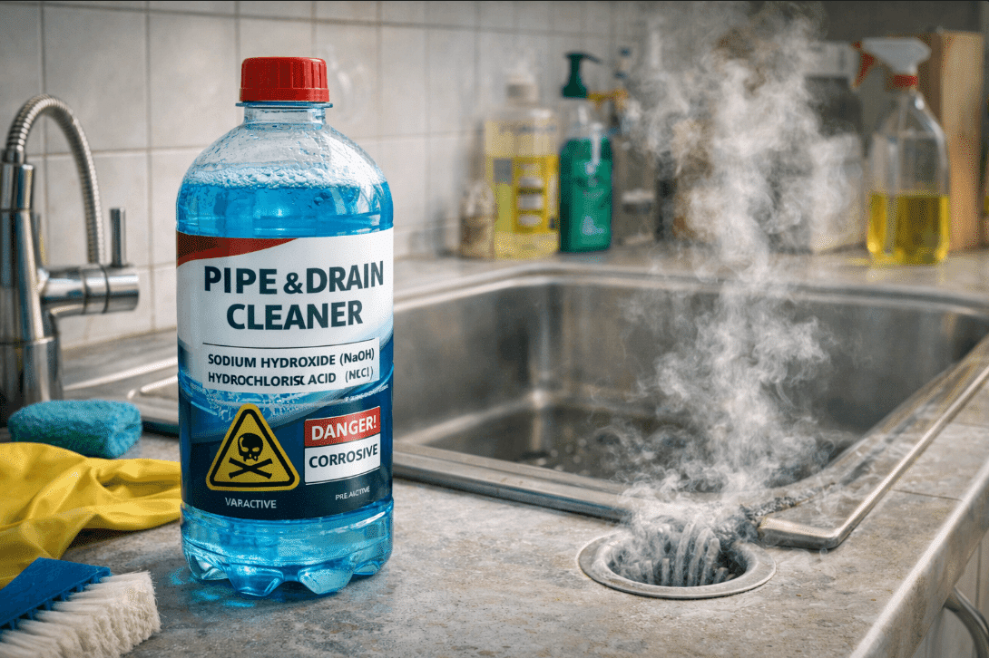 Pipe and drain cleaner bottle beside sink