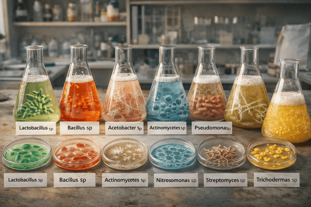 Row of glass beakers with colorful liquids used in septic tank cleaner experiment