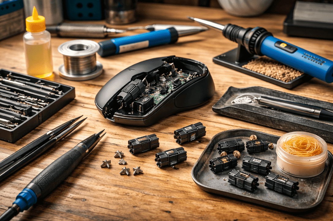 Tools on wooden table for DIY gaming mouse switch replacement