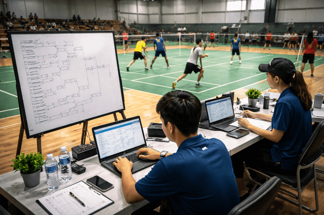 Two people using laptops at a table for badminton tournament planning