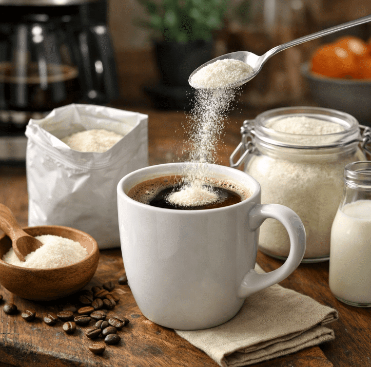 a cup of coffee is being sprinkled with sugar
