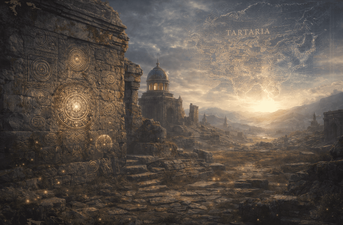 A desert castle painting representing Tartarian architecture