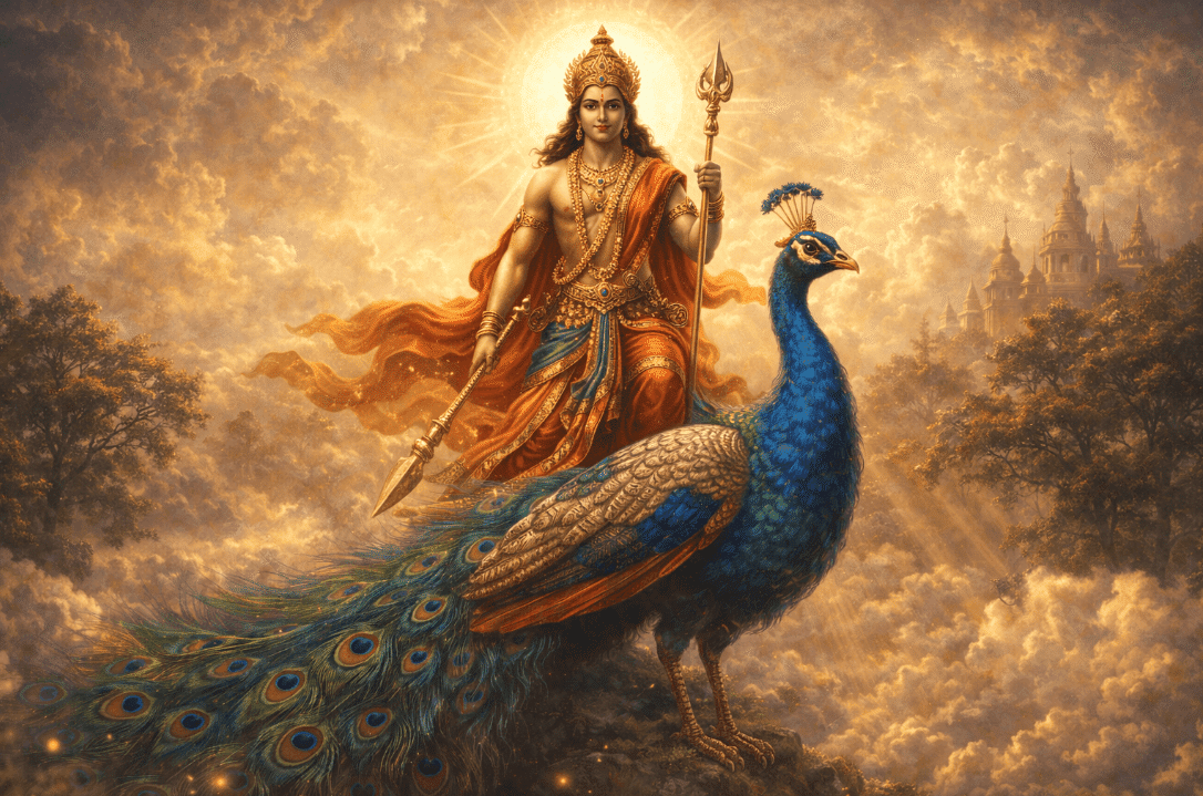 A man holding a sword next to a colorful peacock painting