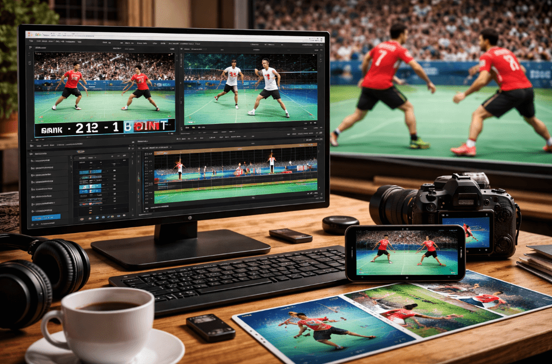 Desk with dual monitors and camera for badminton video editing