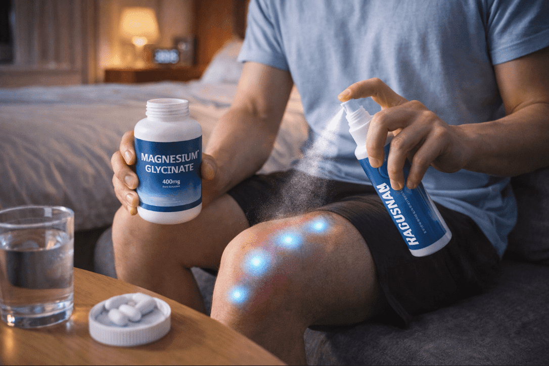 Man holding a bottle of magnesium medicine on a couch