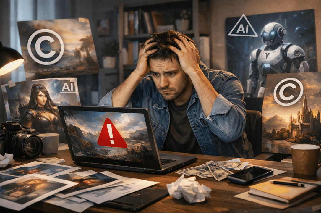 Man using laptop studying generative AI content license case