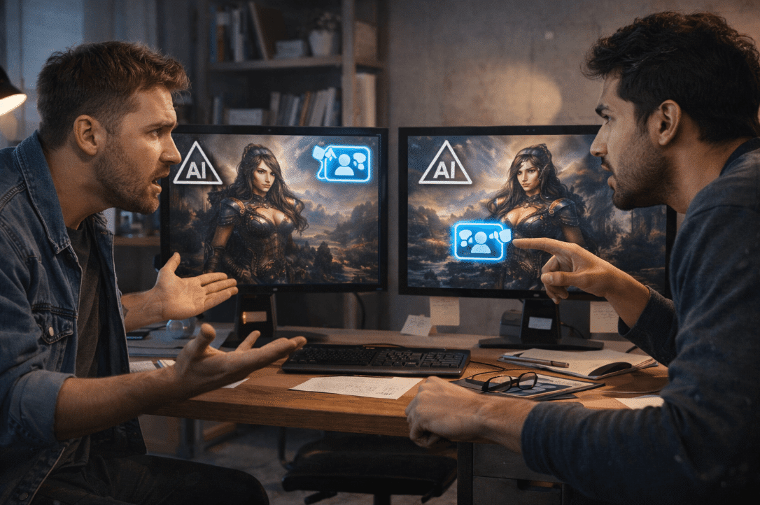 Two men working on computers at a desk