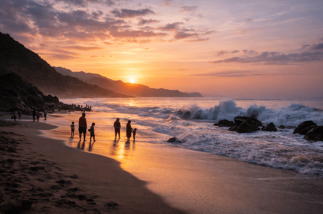 A group enjoying a sandy beach at Pelabuhan Ratu