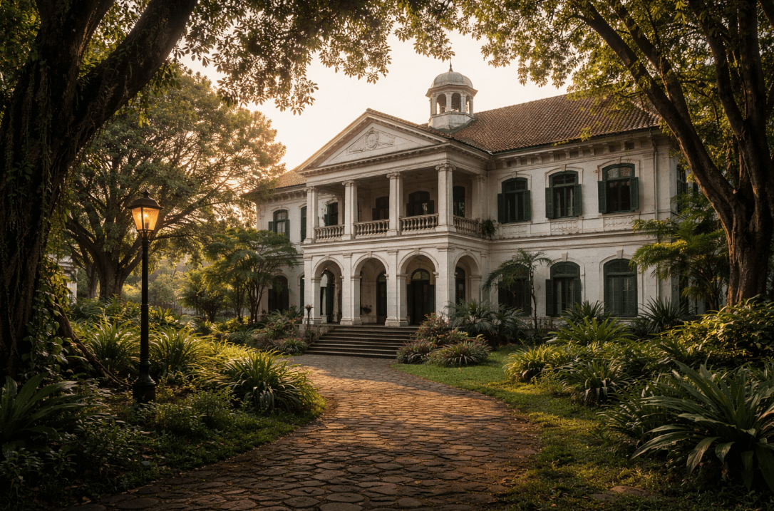 A large white house with a clock tower representing architectural significance in cities