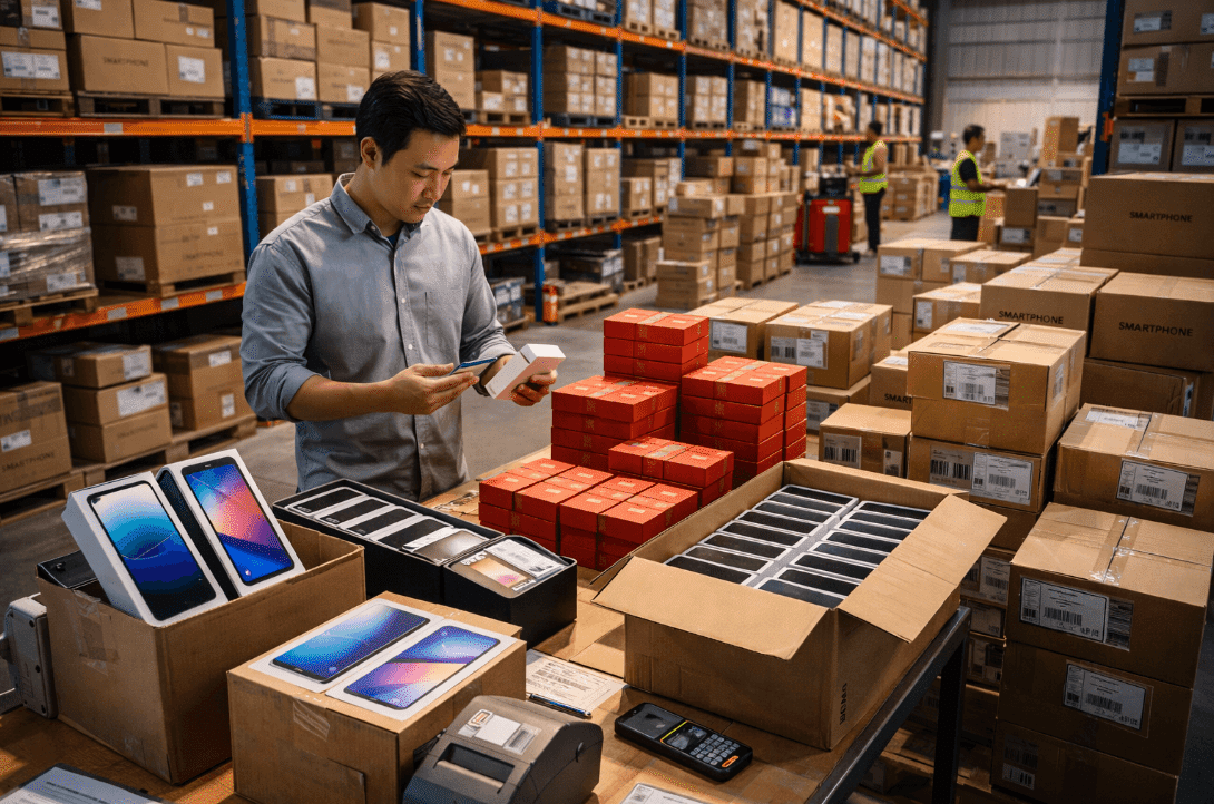 A man checking phone in a warehouse for phone distribution from China