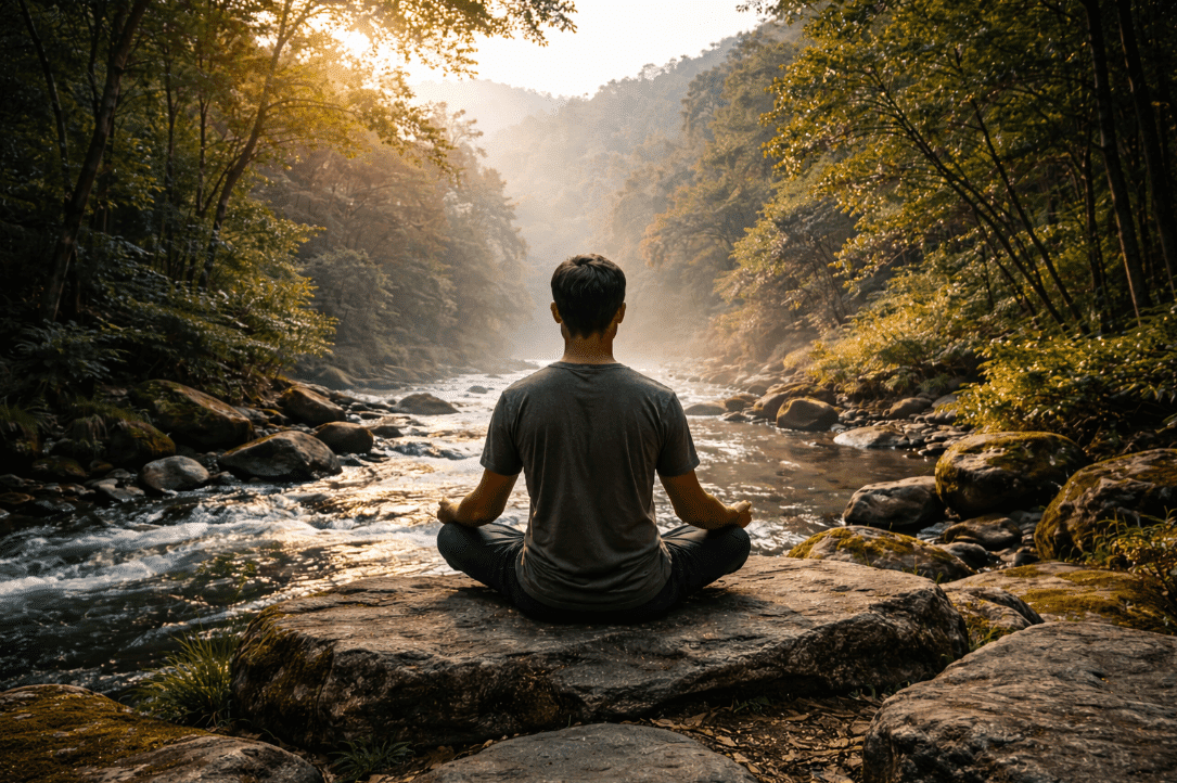 A man meditating on a rock in a river