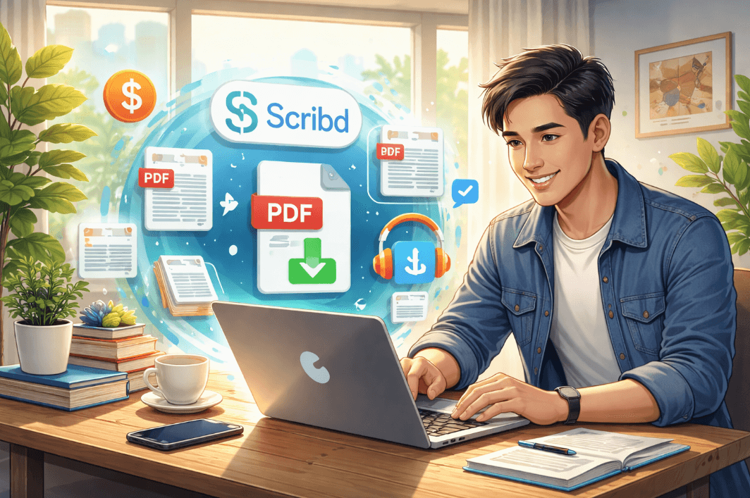 A man using laptop to download PDF files from Scribd