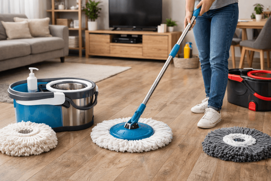 A woman mopping the floor with a thick and wide spin mop
