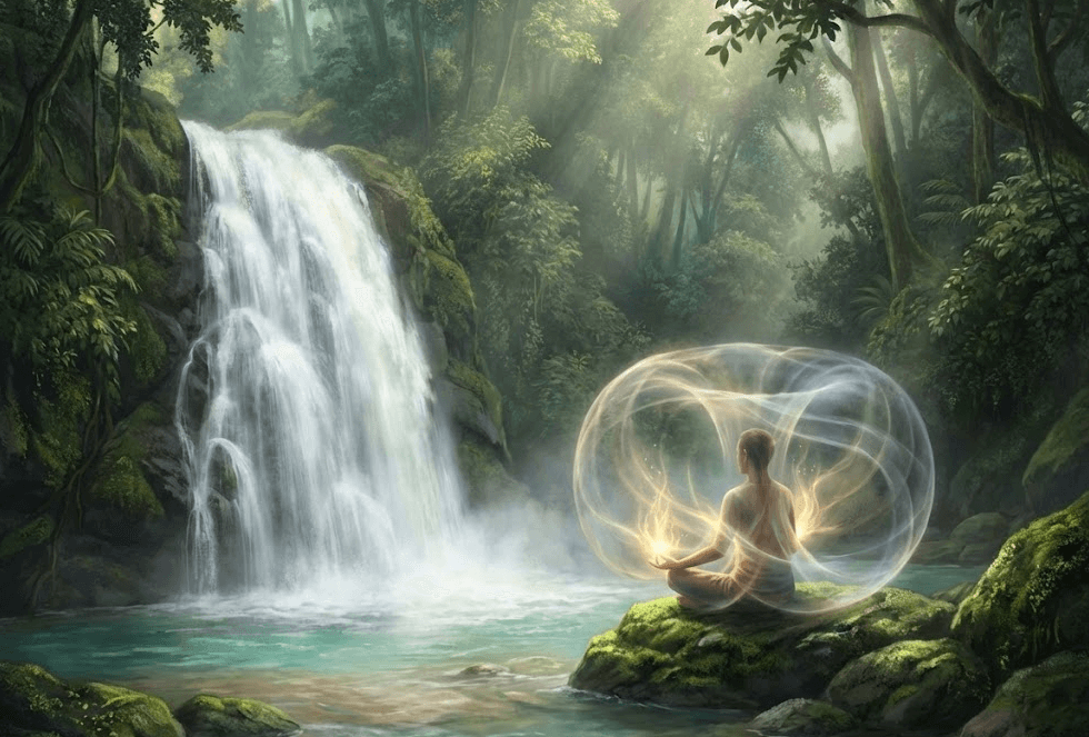 A woman sitting on a rock by a waterfall at Air Terjun