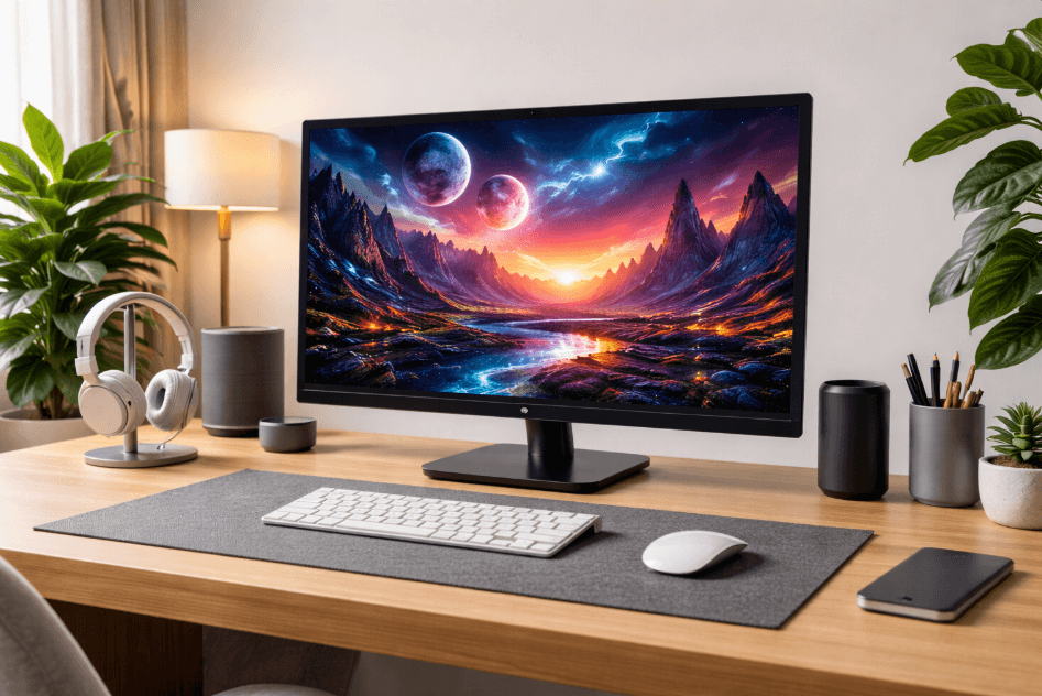 Desktop computer setup with keyboard and mouse for affordable OLED monitor blog