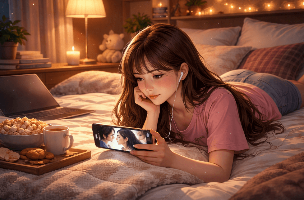 Girl on bed looking at smartphone