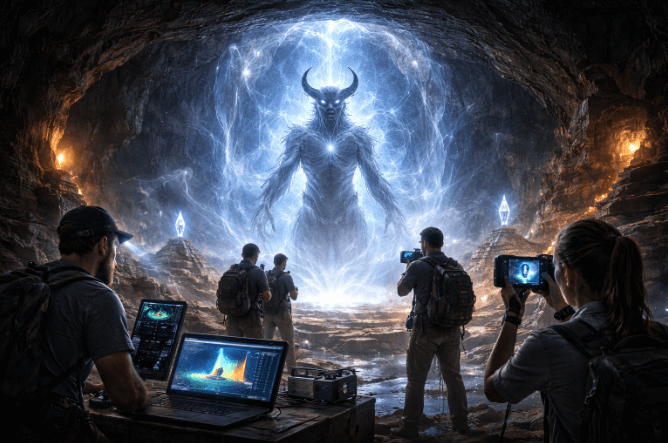 Group of people exploring a cave