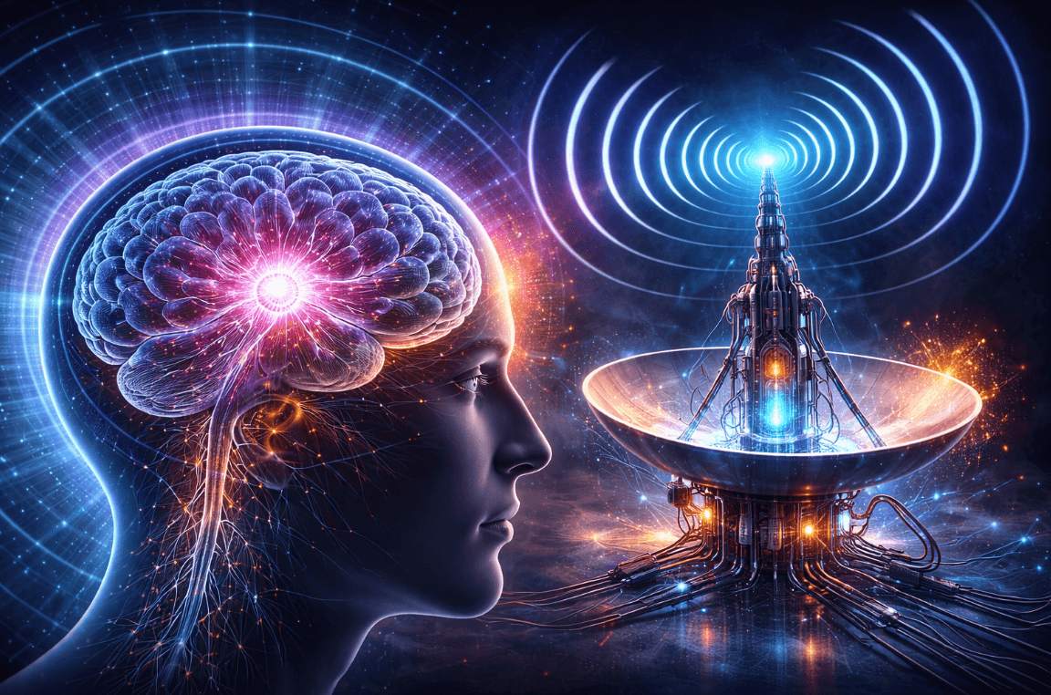 Illustration of a woman's head with brain and radio tower