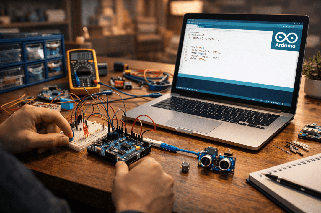 Laptop on wooden desk for Arduino course roadmap