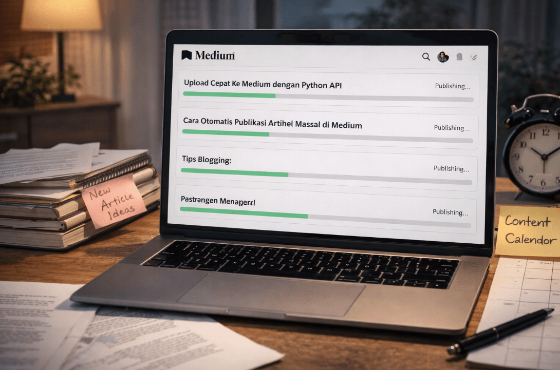 Laptop on wooden desk for efficient Medium article uploads