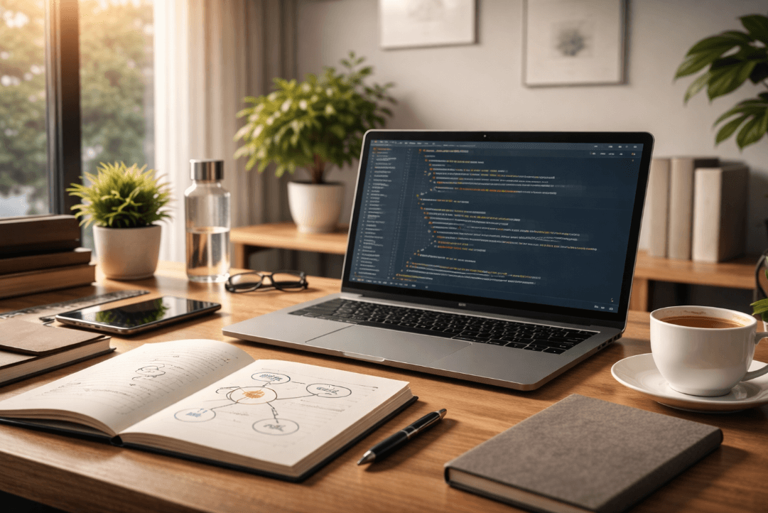 Laptop on wooden desk for Laravel 11 learning prep