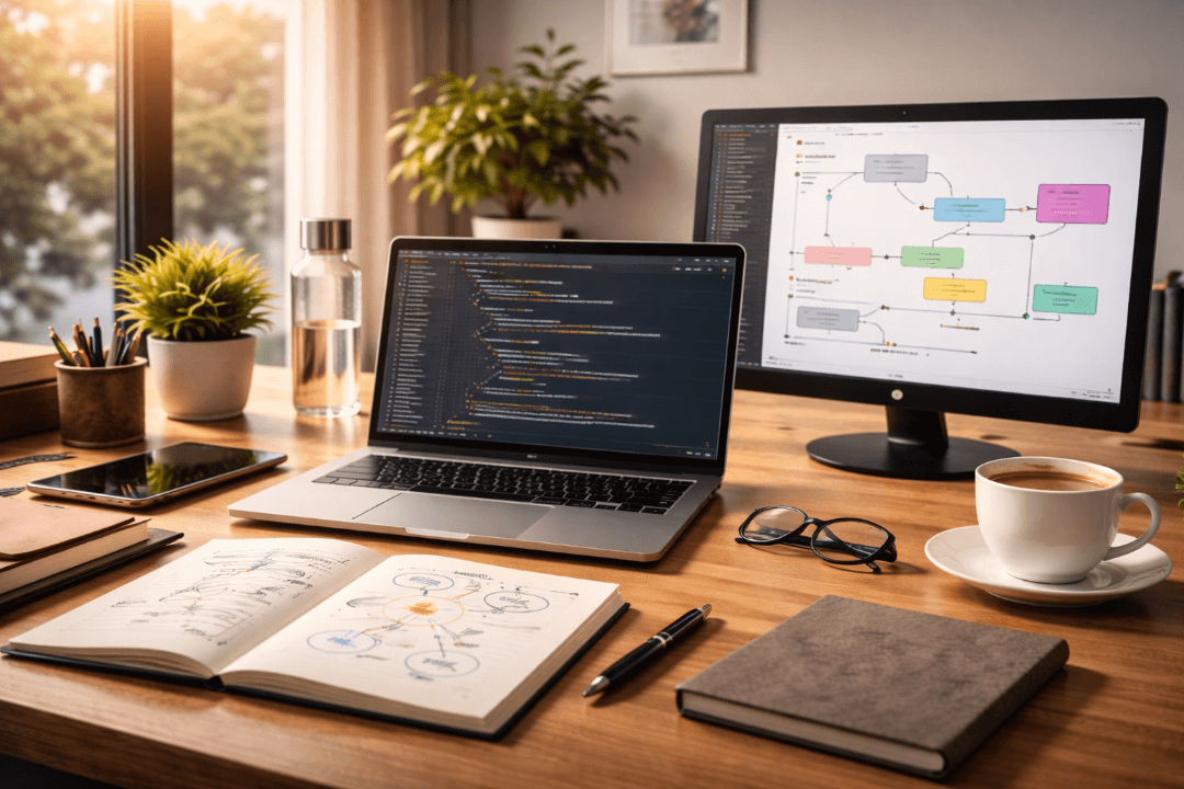 Laptop on wooden desk for learning JavaScript in 2026
