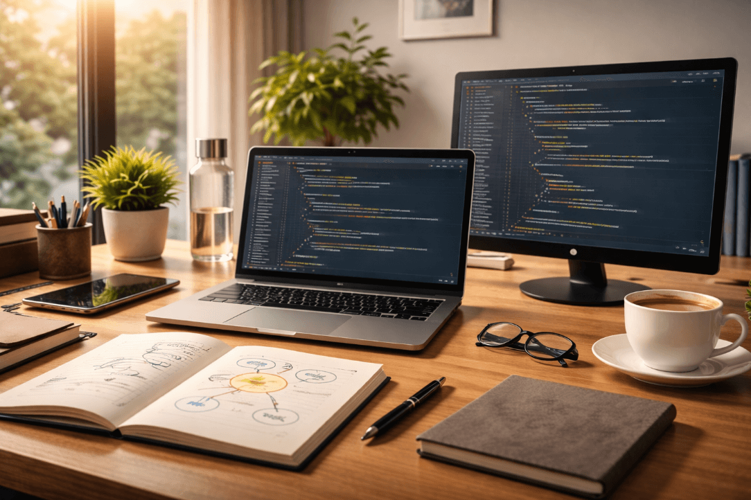 Laptop on wooden desk for learning React JS tutorial