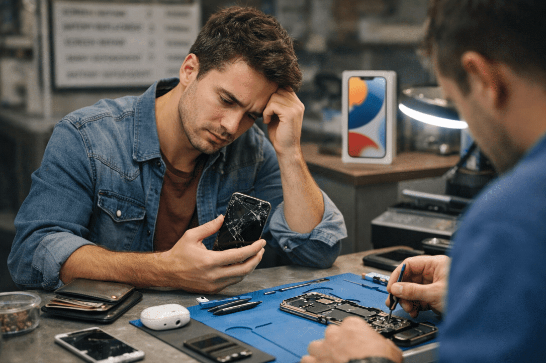 Man checking smartphone at table discussing iPhone repairs
