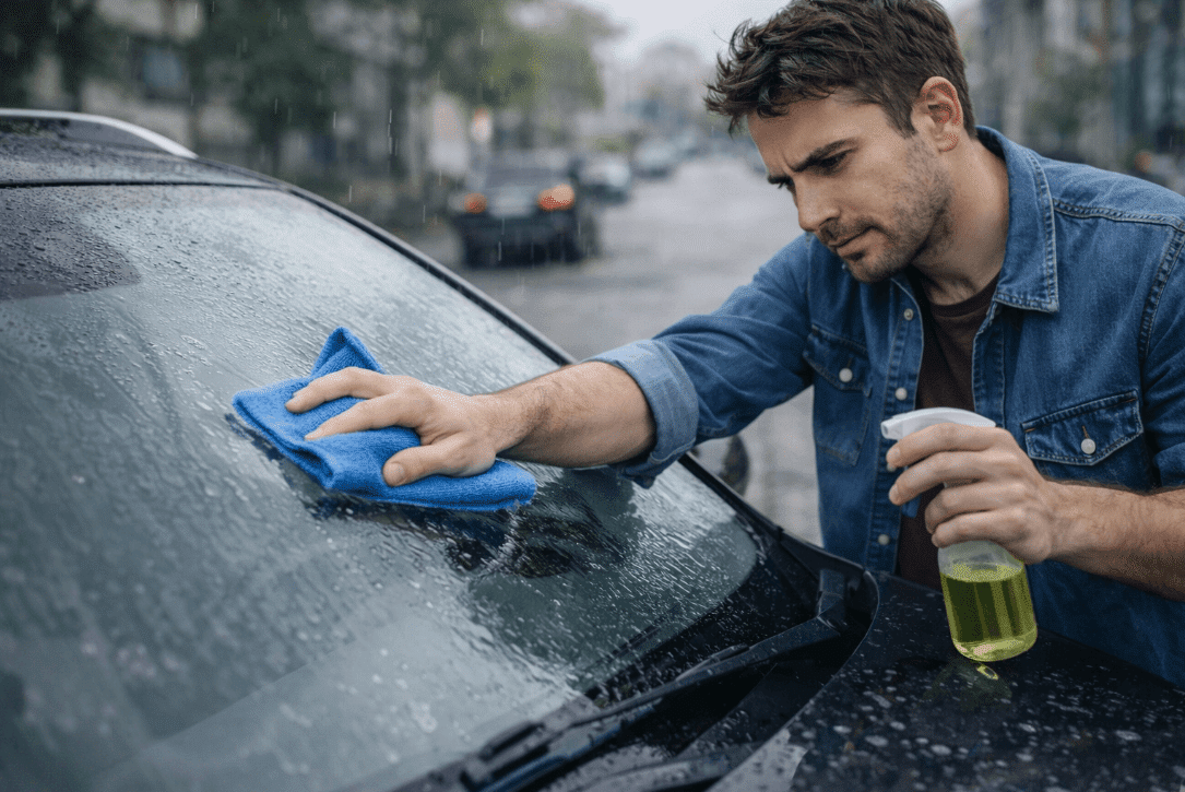 Man cleaning car windshield with cloth