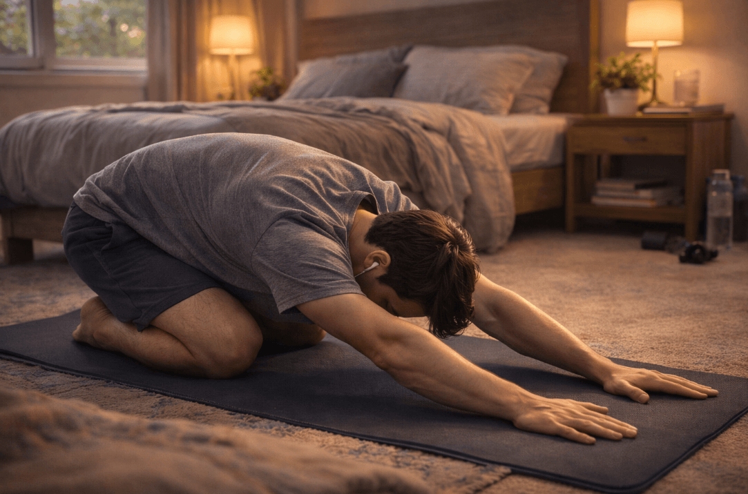 Man doing yoga on mat in bedroom for back pain relief