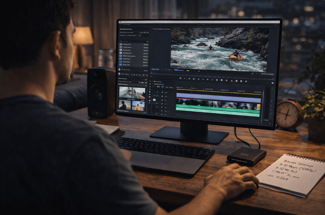 Man editing video on computer monitor for Premiere Pro tutorial