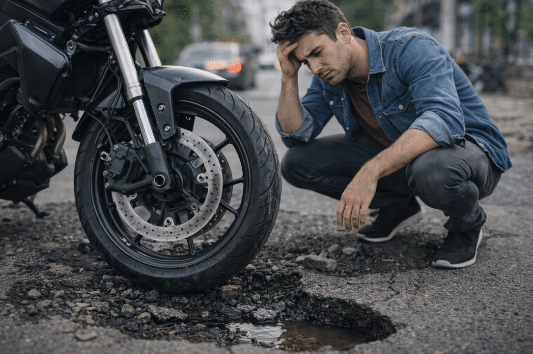 Man inspecting motorcycle on road