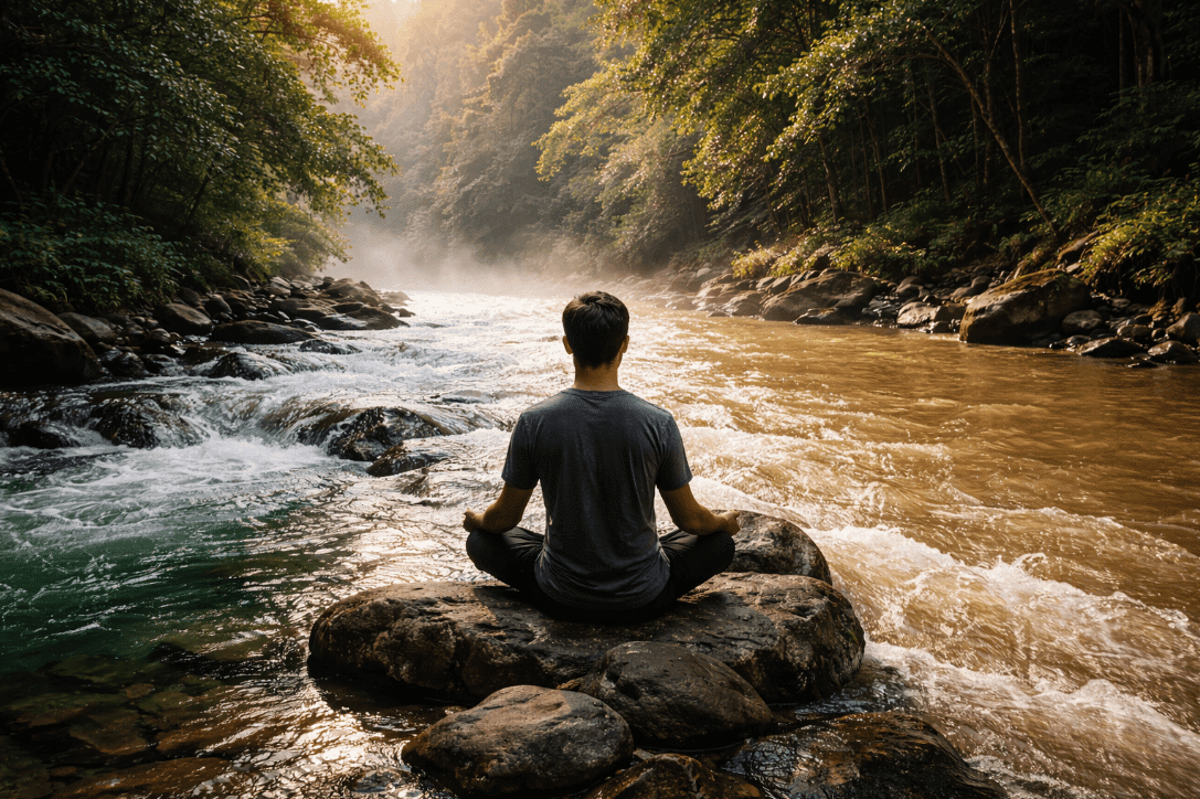 Man meditating on a rock in a river confluence