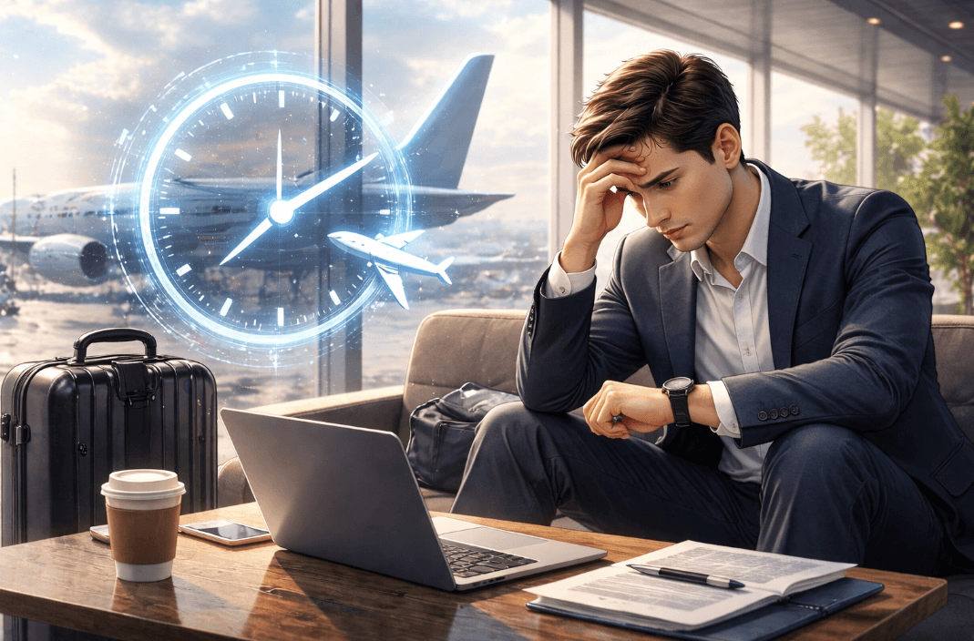 Man on couch using laptop, discussing flight delay claims