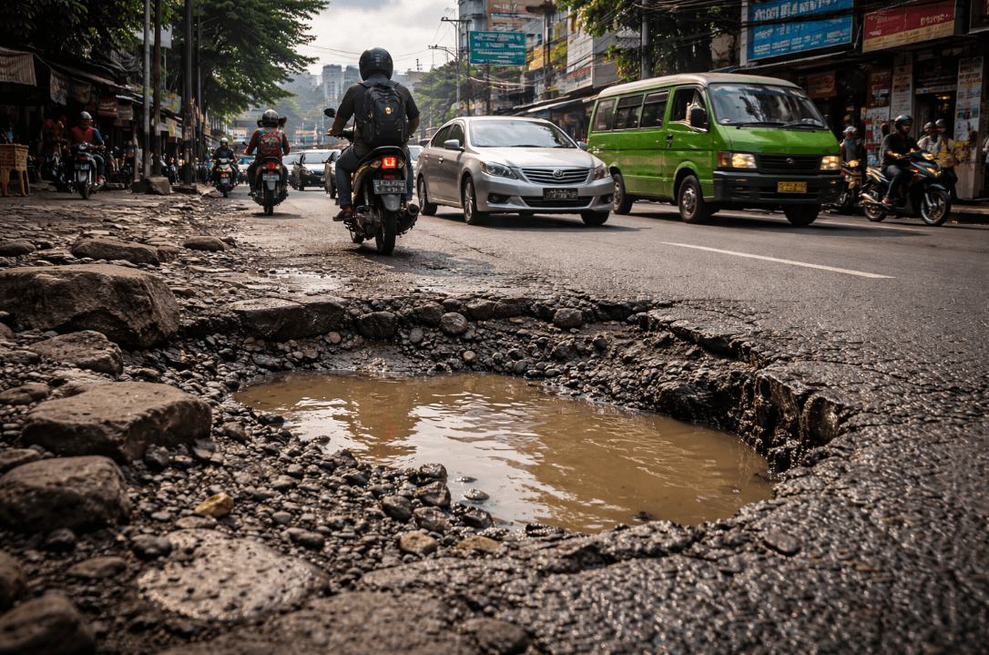 Man riding motorcycle on rainy street near water puddle