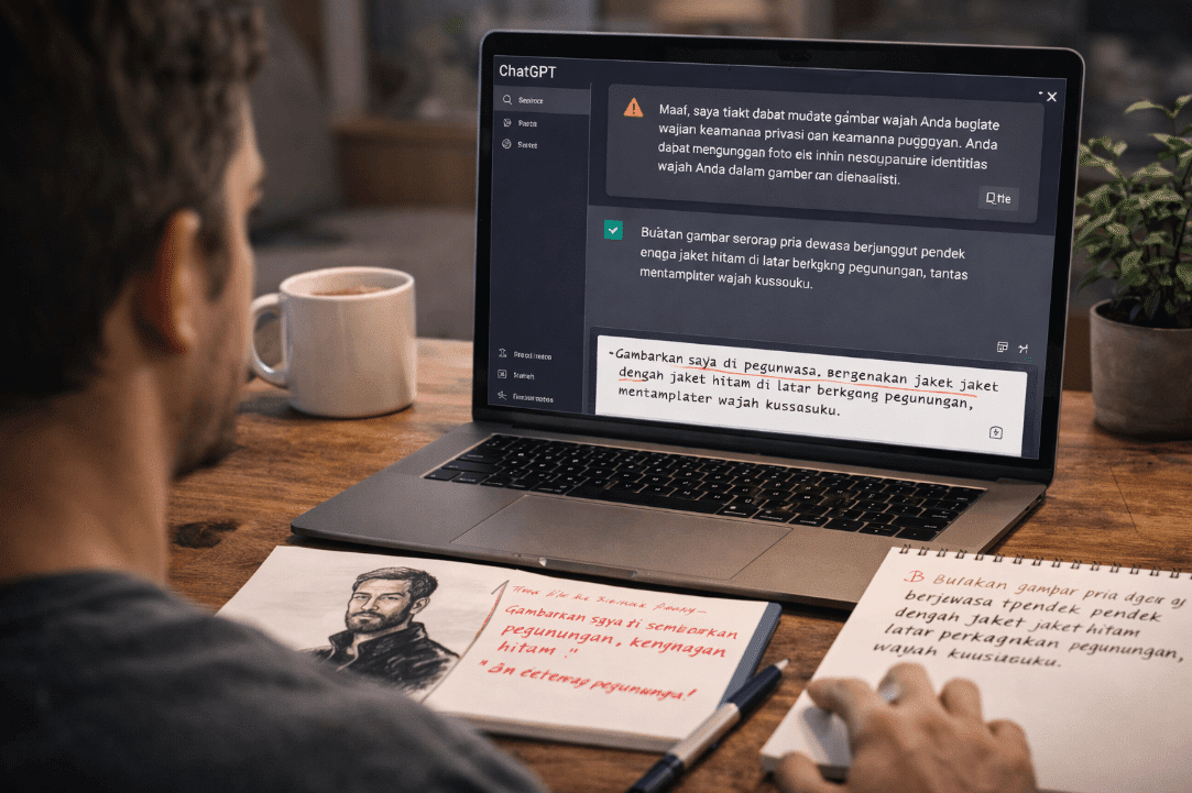 Man sitting with laptop addressing AI chat limitations
