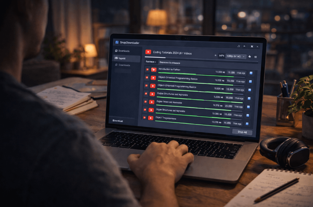 Man sitting with laptop for bulk YouTube video download tutorial